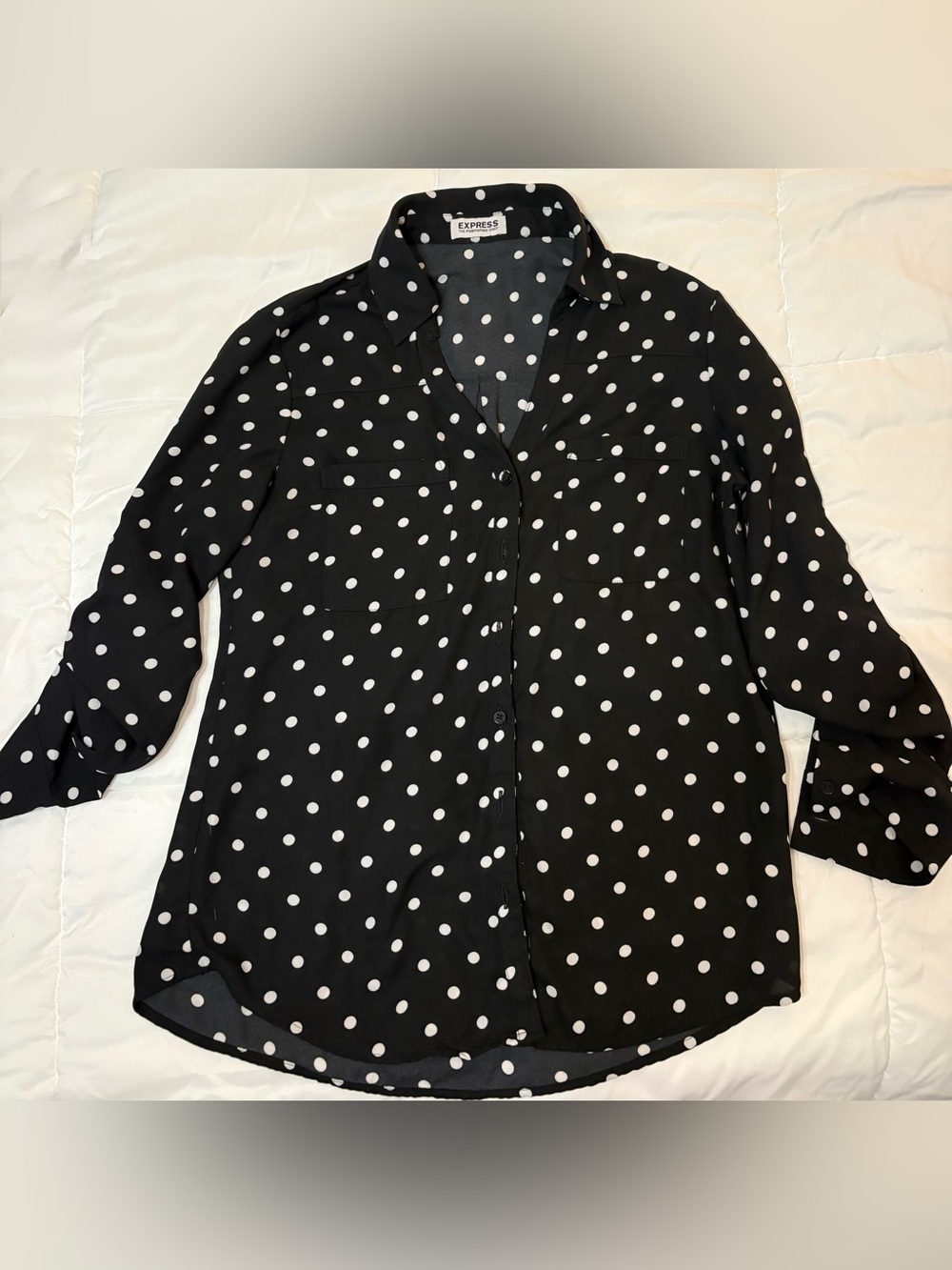 Express Portofino Black White Polka Dot Blouse | Chic Parisian Style Top - Picture 5 of 8